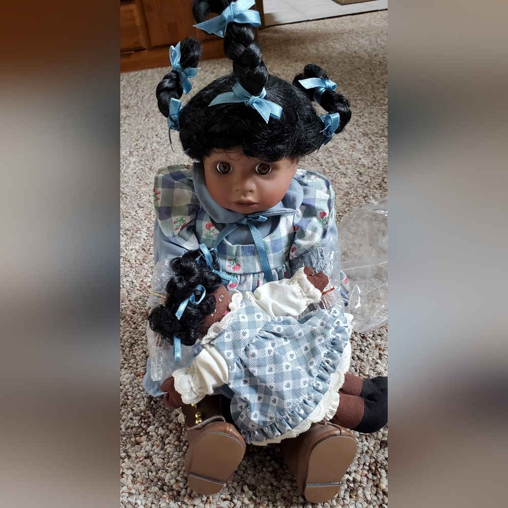 Black Porcelain Doll with her own "Just like me" Doll!  New Condition.